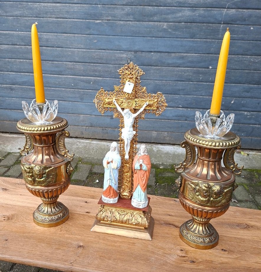 KALVARIE met KANDELAARS, 37 cm, Ophalen of Verzenden, Zo goed als nieuw, Metaal