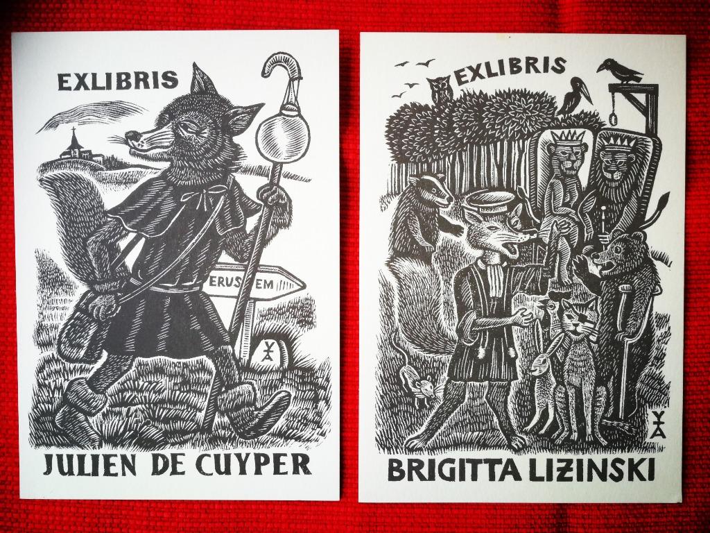 2 postkaarten met gravures / ex-libris Reinaert de Vos, Enlèvement ou Envoi, Comme neuf, Gravure