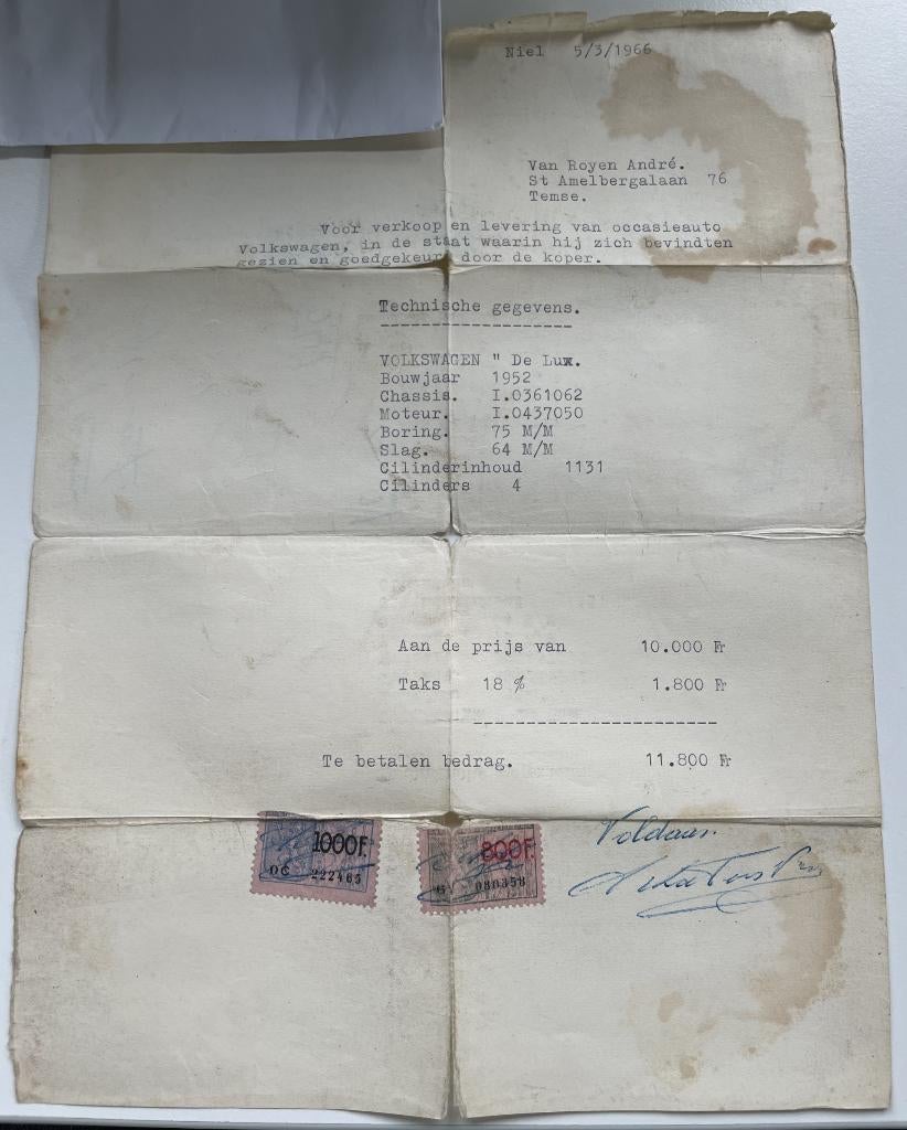 Volkswagen "de luxe" 1952 occasie verkoop document, Ophalen