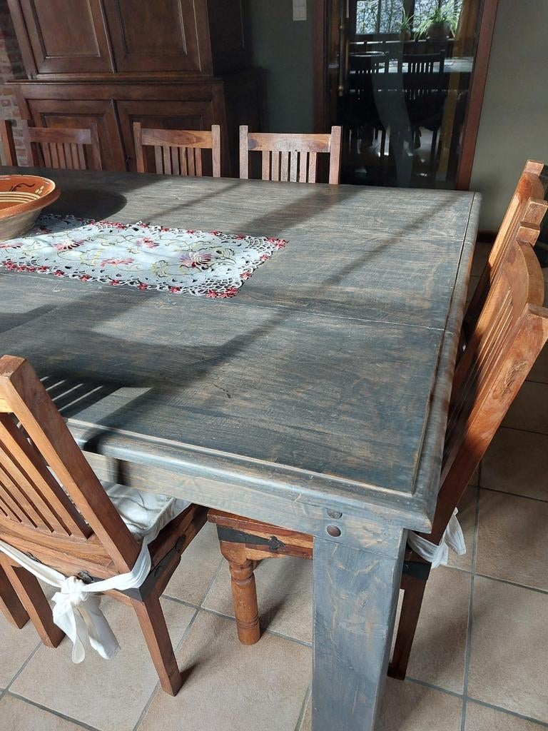 Grote teak tafel met stoelen., Huis en Inrichting, Tafels | Eettafels, Ophalen, Gebruikt, 100 tot 150 cm, Teakhout