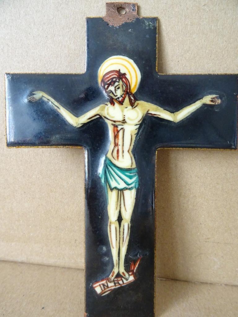 Crucifix ancien en cuivre émaillé icône cuivre émailé 13cm, Enlèvement ou Envoi