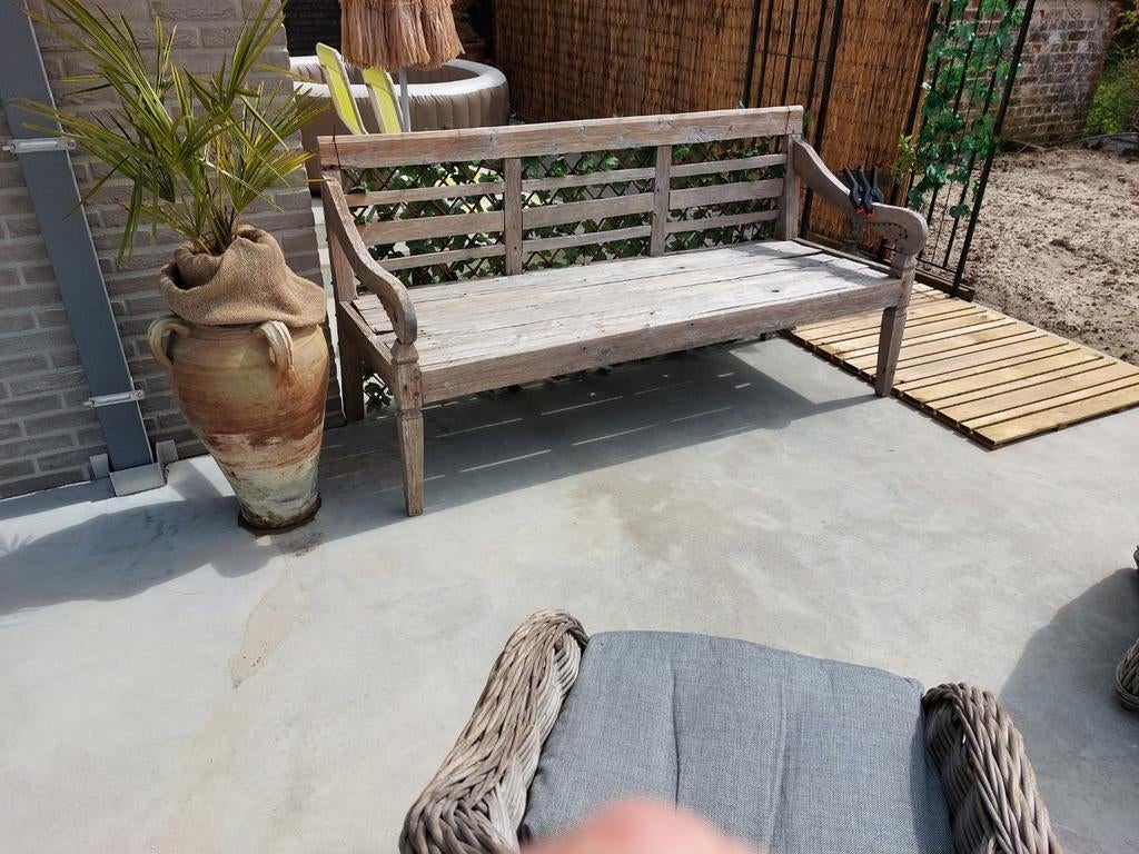 Banc en bois massif de tech 2m10, Jardin & Terrasse, Utilisé, Bois, 4 places