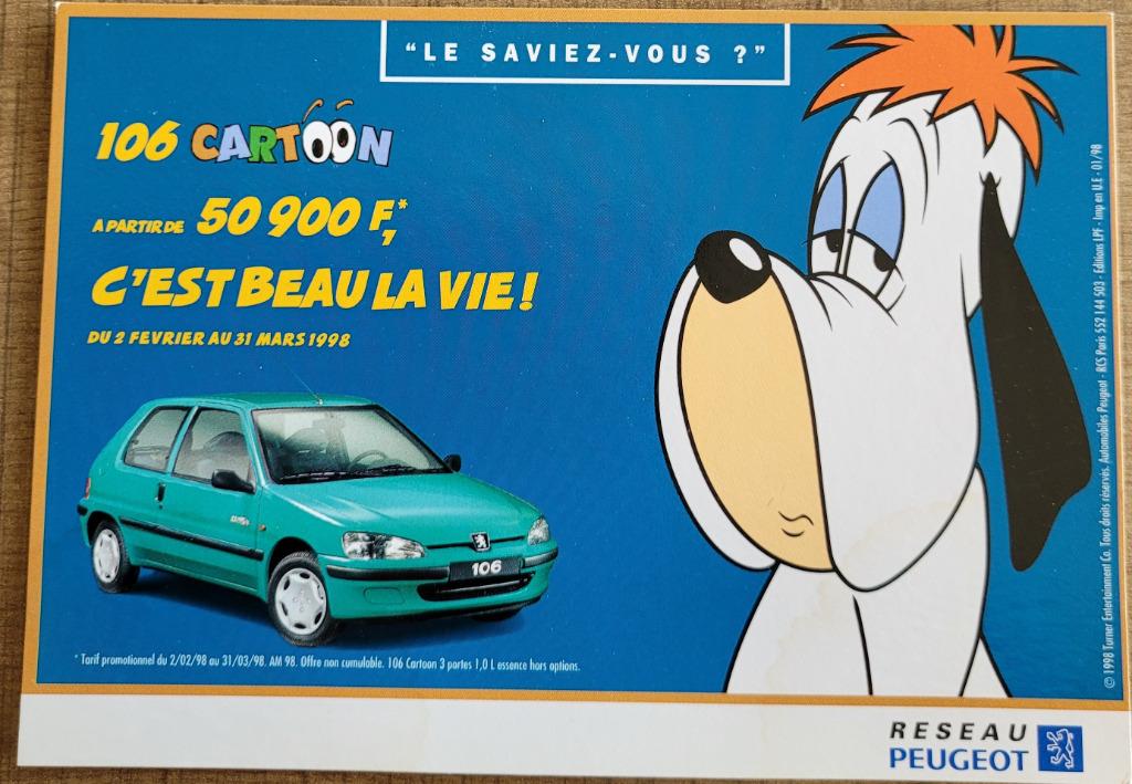 Postkaart met afbeelding Droopy (reclame Peugeot), Verzamelen, Ophalen of Verzenden, Overige figuren, Gebruikt, Plaatje, Poster of Sticker