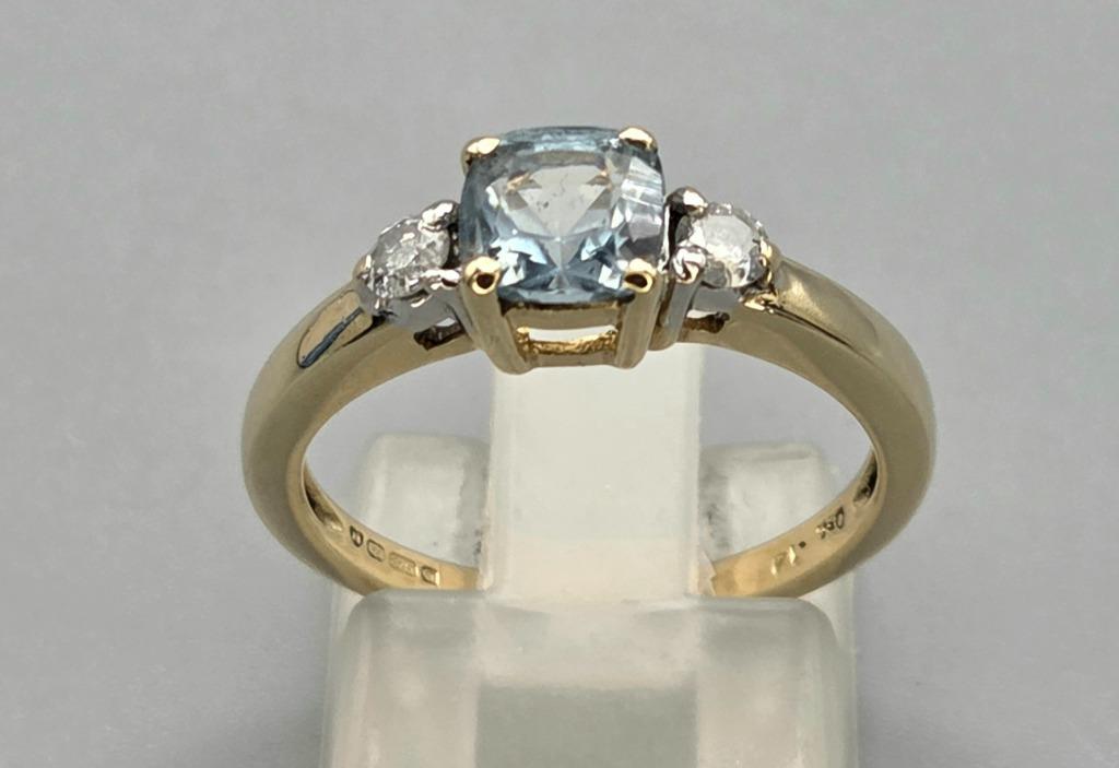 Gouden Vintage ring met aquamarijn en diamant. 2025/673., Verzenden, Goud, Ring, Met edelsteen