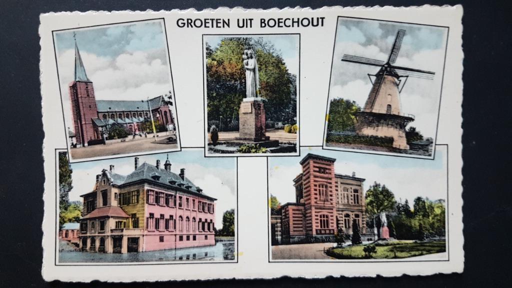 Postkaart Groeten uit Boechout Kerk Molen ..., Enlèvement ou Envoi, 1940 à 1960, Affranchie, Anvers