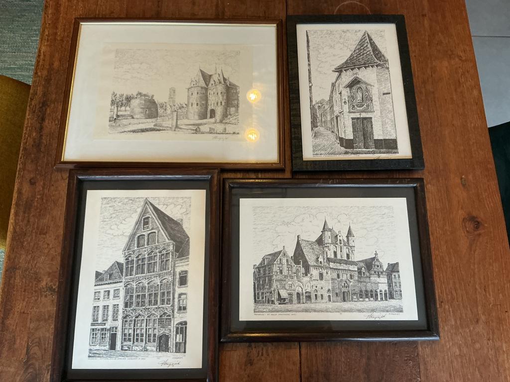 4 pentekening Mechelen van F. Magriet, Antiek en Kunst, Ophalen
