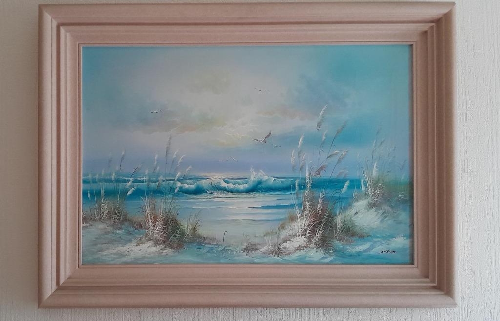 Schilderij Zeezicht op doek. 1meter /80cm, Paysage, Enlèvement, Toile, Encadré