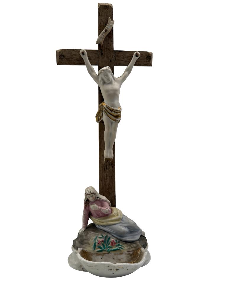 Crucifix ancien bénitier porcelaine – Vieux Paris / Andenne, Enlèvement ou Envoi