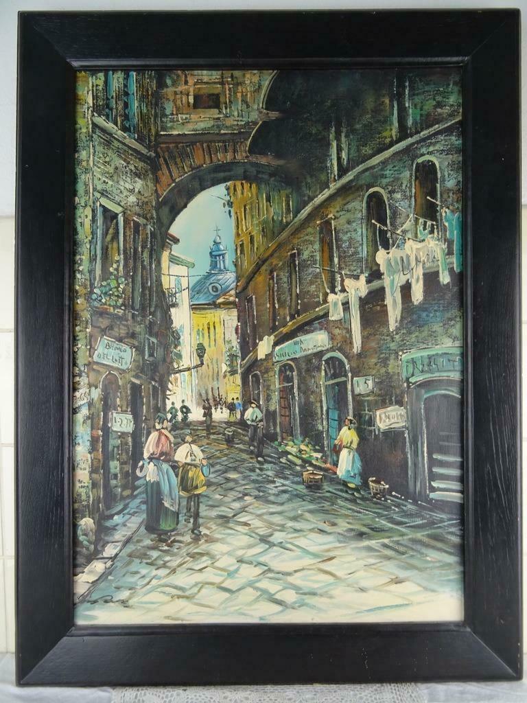 Vintage schilderij vintage schilderij Italiaanse straat 1950, Antiek en Kunst, Kunst | Schilderijen | Modern, Ophalen of Verzenden