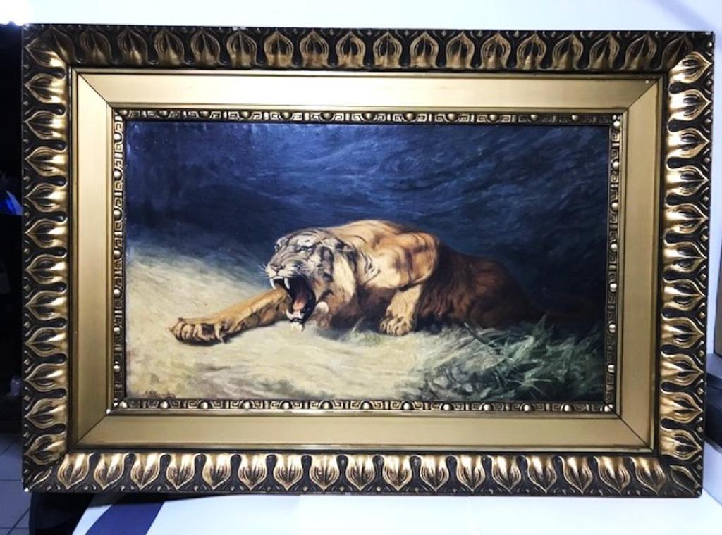 Peinture Tigre huile sur toile et panneau 82 x 57😍💑🎁🤗👌, Antiquités & Art, Enlèvement ou Envoi, Toile, Signé, Peinture à l'huile