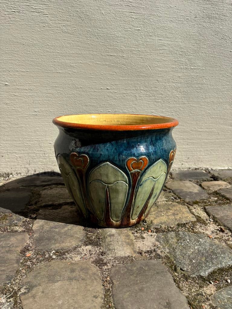 Grote art nouveau cache-pot in Vlaams aardewerk, 25 tot 40 cm, Ophalen of Verzenden, Zo goed als nieuw, Minder dan 40 cm