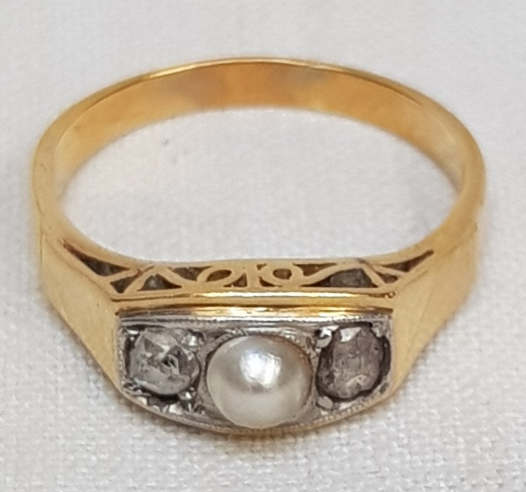 Ringetje vintage 18 kt parel diamant., Ophalen of Verzenden, Goud, Ring, Met edelsteen