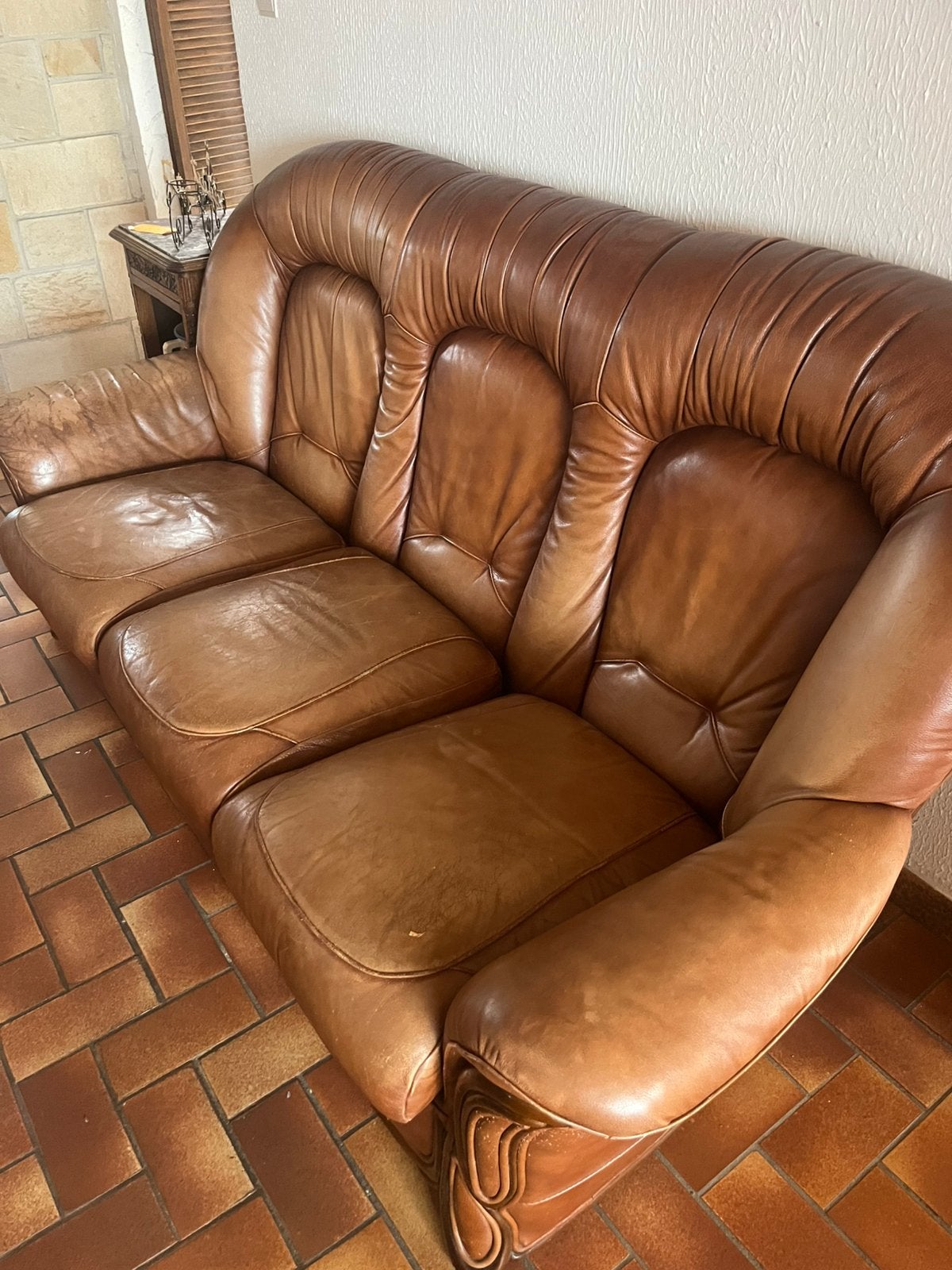 Salon vintage cuir cognac 3+1+1, Enlèvement, Comme neuf, Cuir