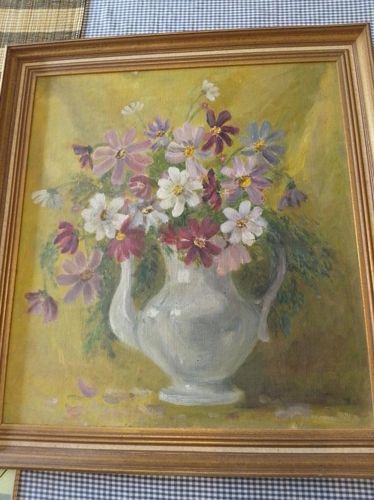 Paarse bloemen in vaas, Ophalen, Olieverf, Bloemen