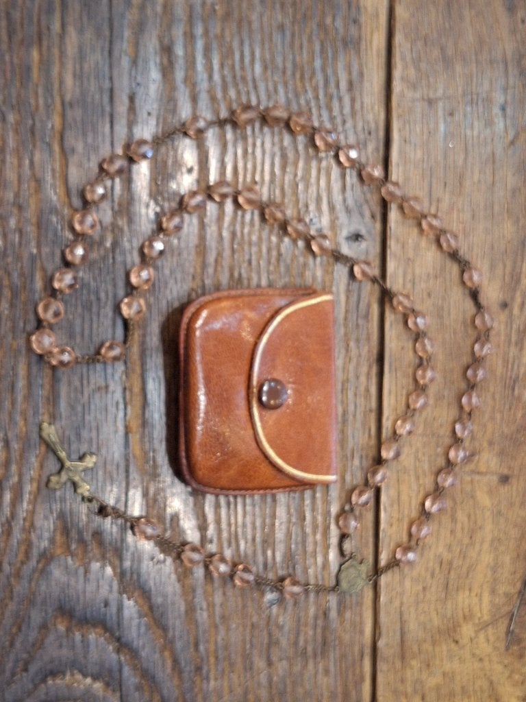 oude roze halfedelstenen paternoster met zakje, begin 1900, Antiek en Kunst, Antiek | Religieuze voorwerpen, Ophalen of Verzenden