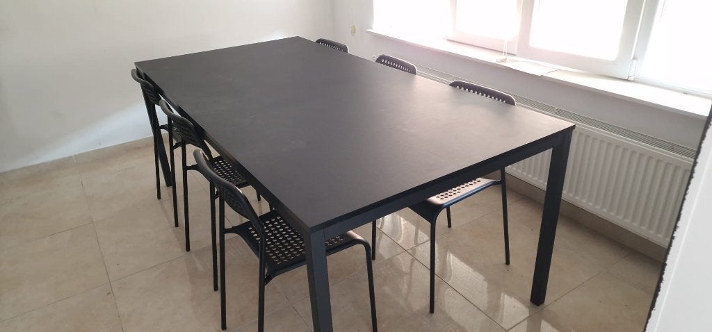 Table à manger + chaises, Métal, Zwart, Comme neuf, 100 à 150 cm