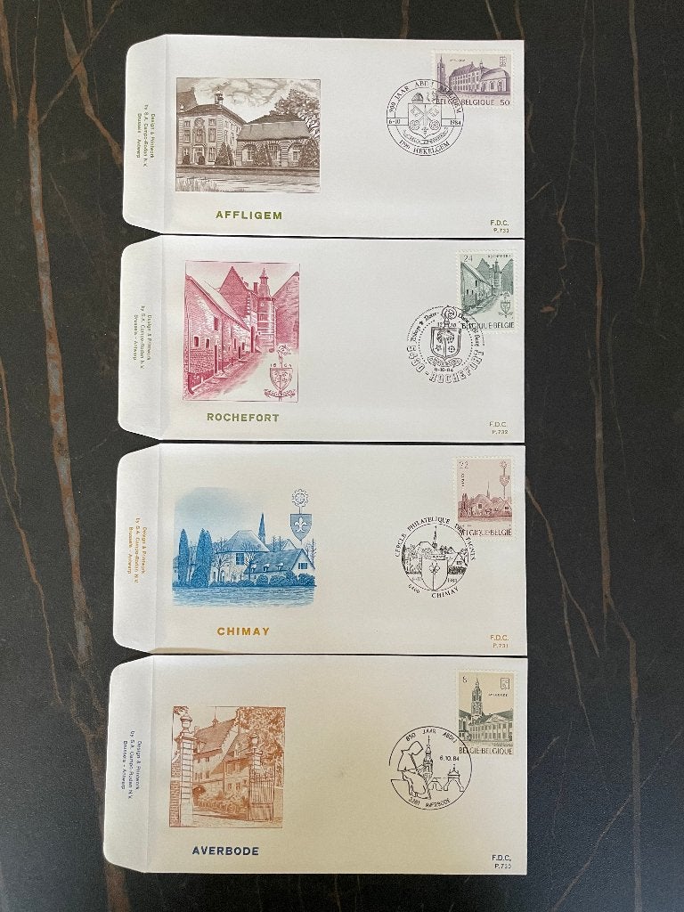 FDC enveloppe (4st) Abdijen: eerste dagstempel, Postzegels en Munten, Ophalen of Verzenden, Brief