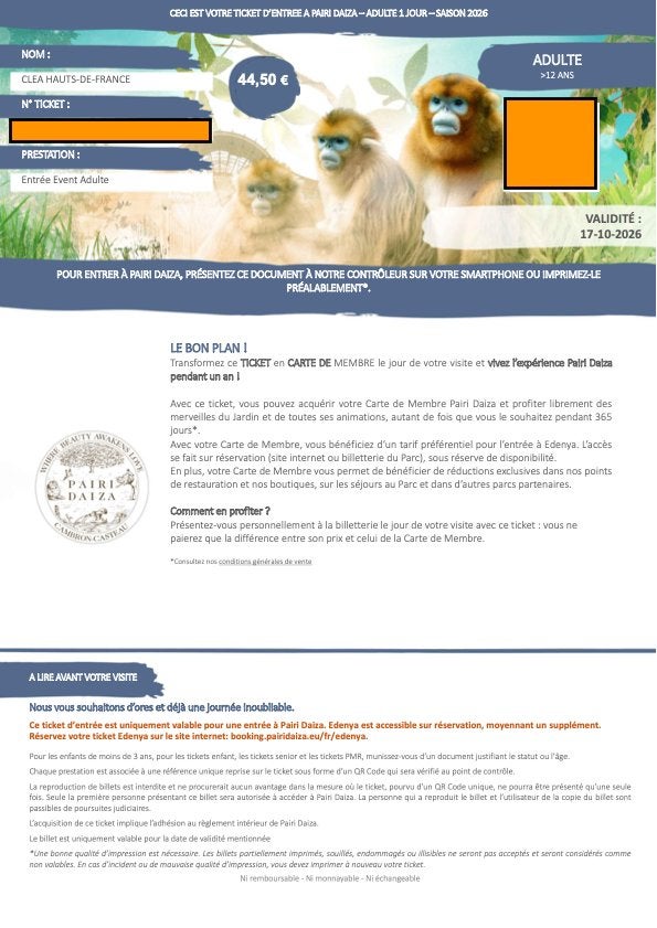 3 places pour Pairi Daisa, Tickets en Kaartjes, Drie personen of meer, Ticket of Toegangskaart