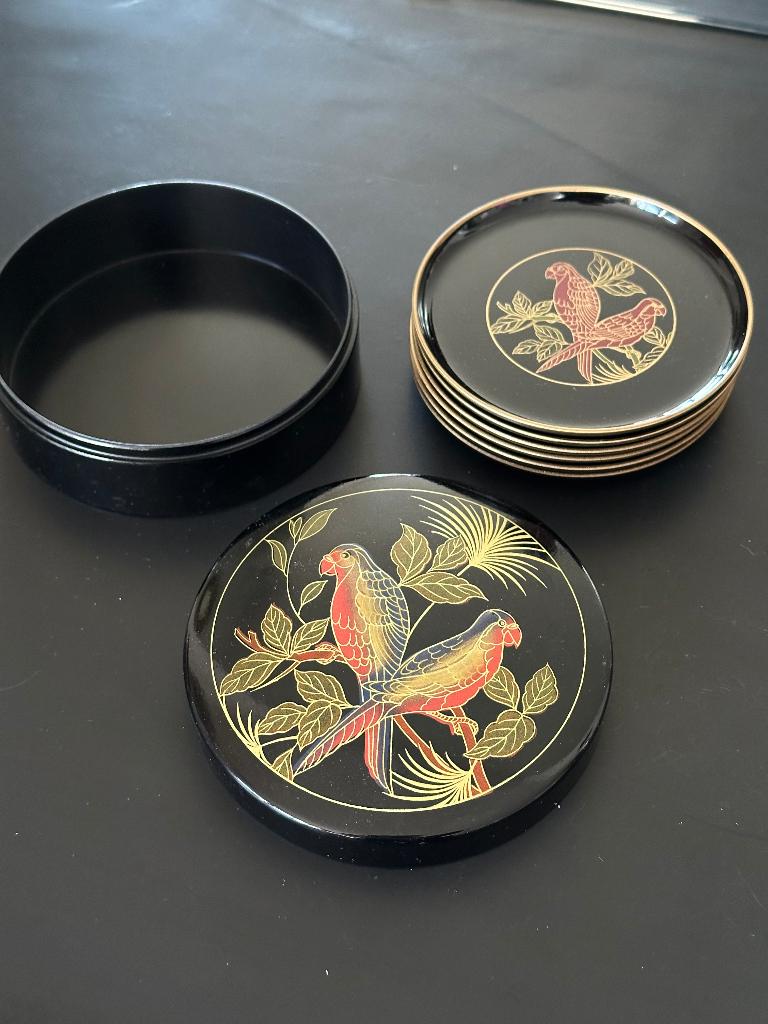 Vintage Boite sous-verres japonais perroquets 60’s, Antiek en Kunst, Antiek | Schalen, Ophalen