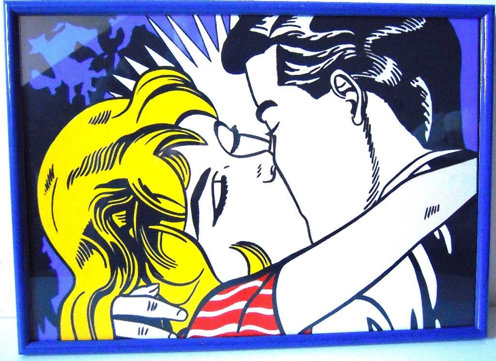 Pop Art van zoenend stel naar Roy Lichtenstein, 22 cm, Hout, Meerkleurig, Decoratieobject