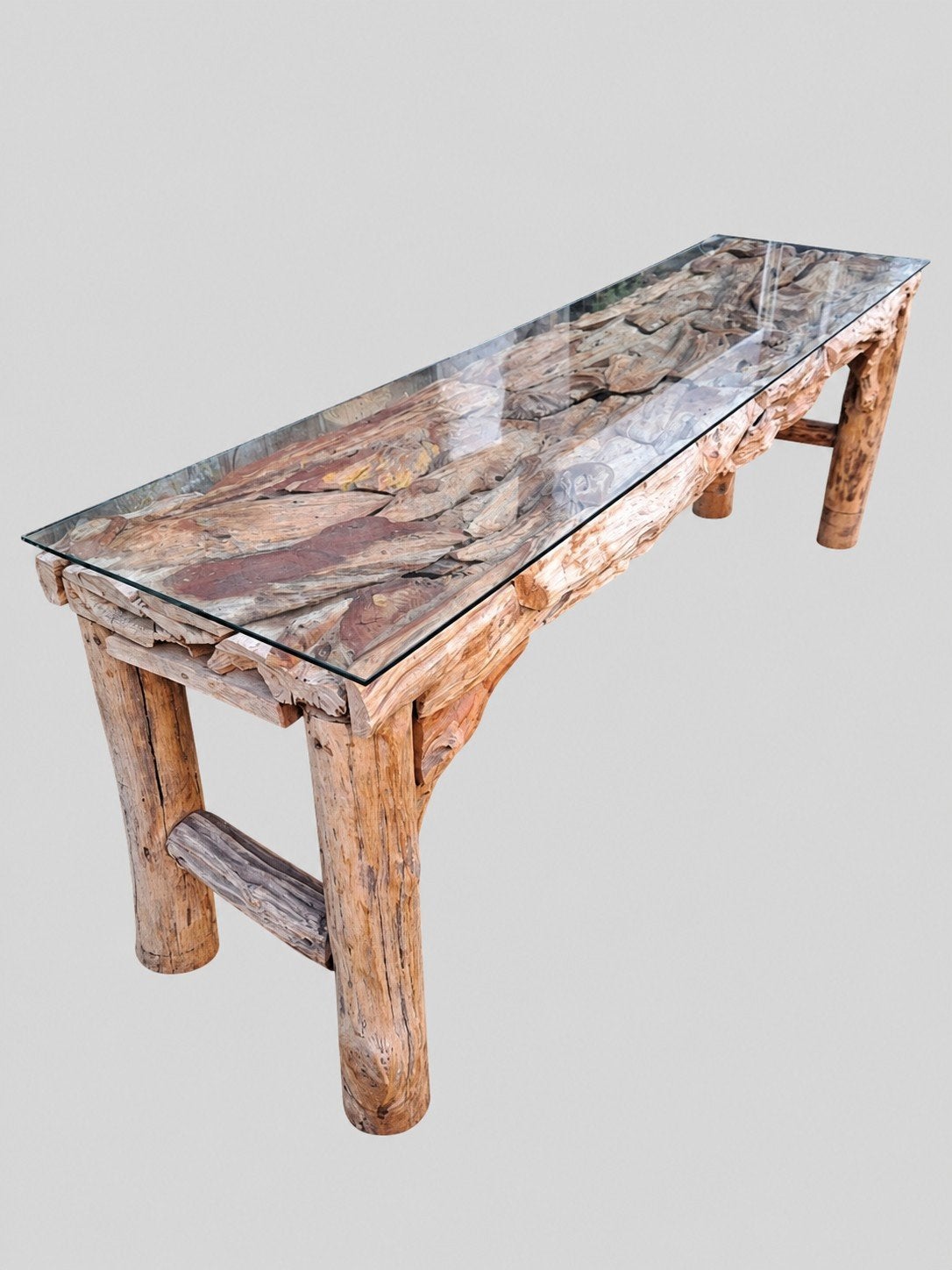 Unieke Teakhouten drijfhouten sidetable wandtafel, met glas, Ophalen of Verzenden, Glas