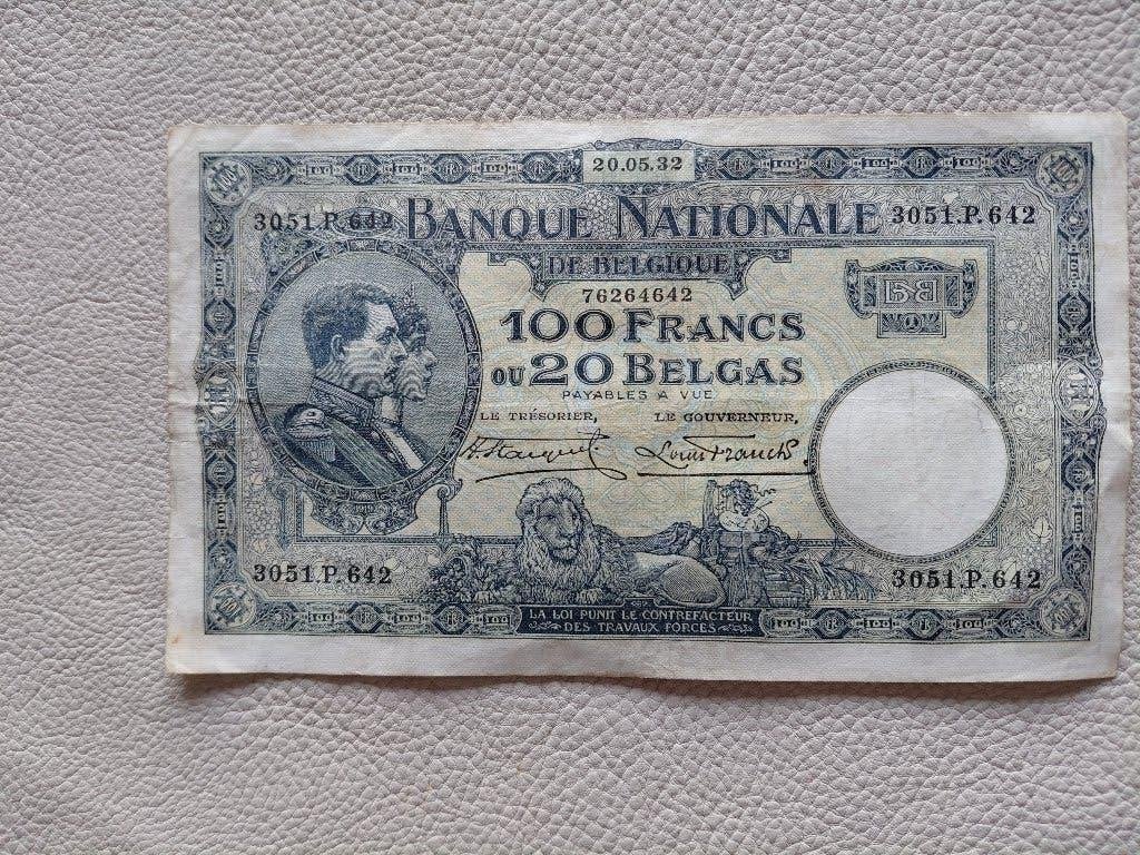 Heel oud bankbiljet 100 Frank of 20 Belga, Postzegels en Munten, Ophalen of Verzenden, Los biljet