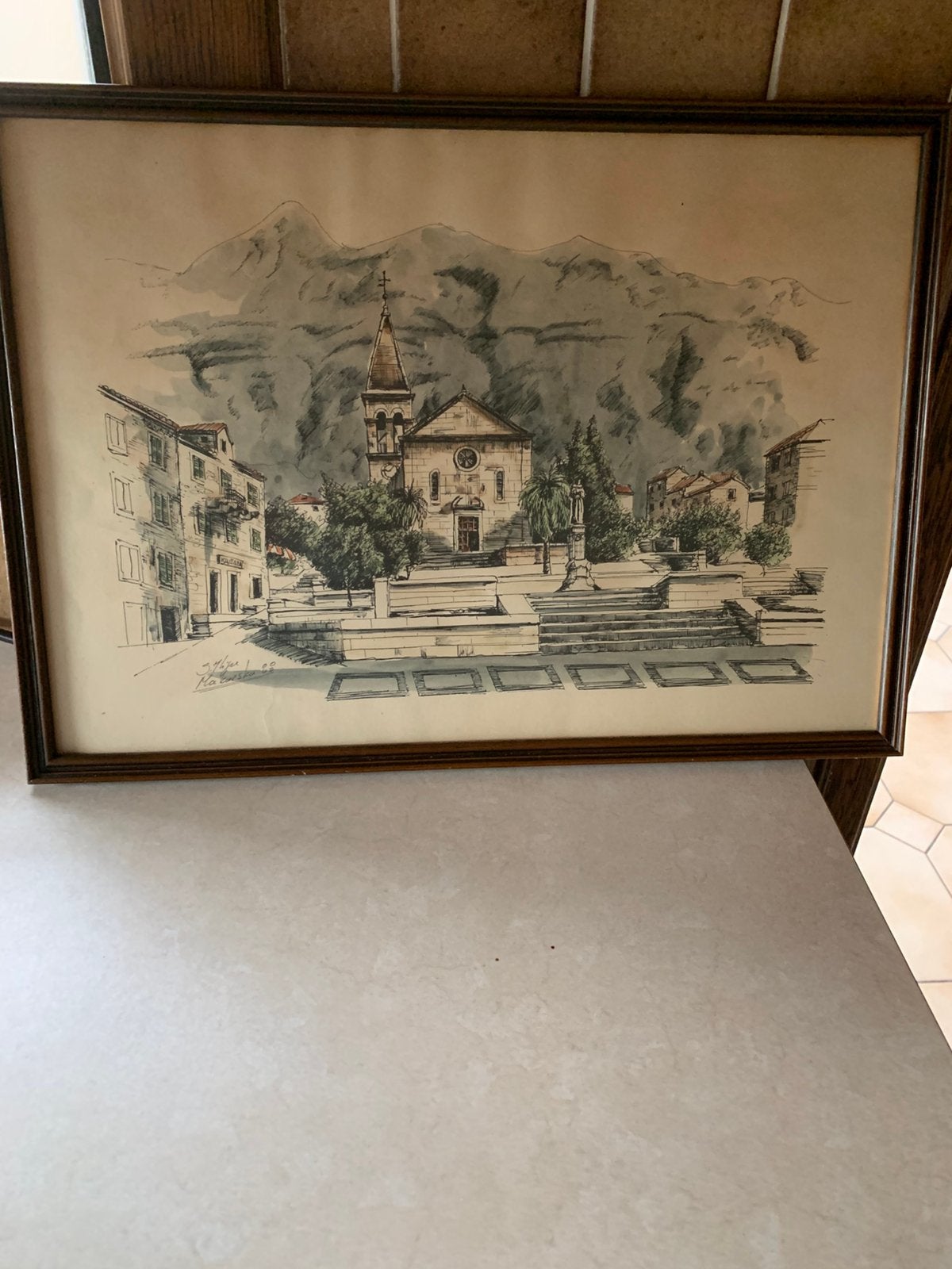 Pentekening Kader met glas Yoegoslavie Makarska, Ophalen, Tekening, Pentekening