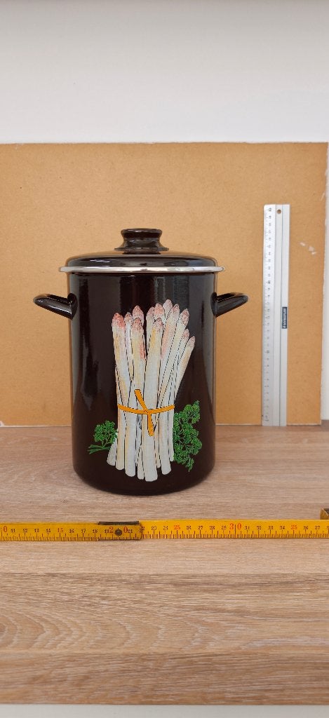 Vintage geëmailleerde aspergepan met mandje en deksel, Ophalen