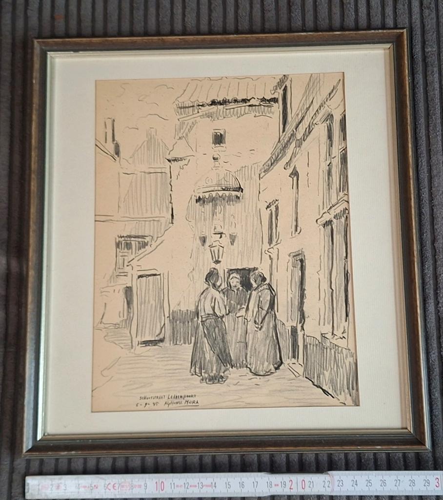 dessin à la plume d'Alphonse Mora, Schuitstraat Malines, Antiquités & Art, Eau-forte, Vue urbaine, Enlèvement, Encadré