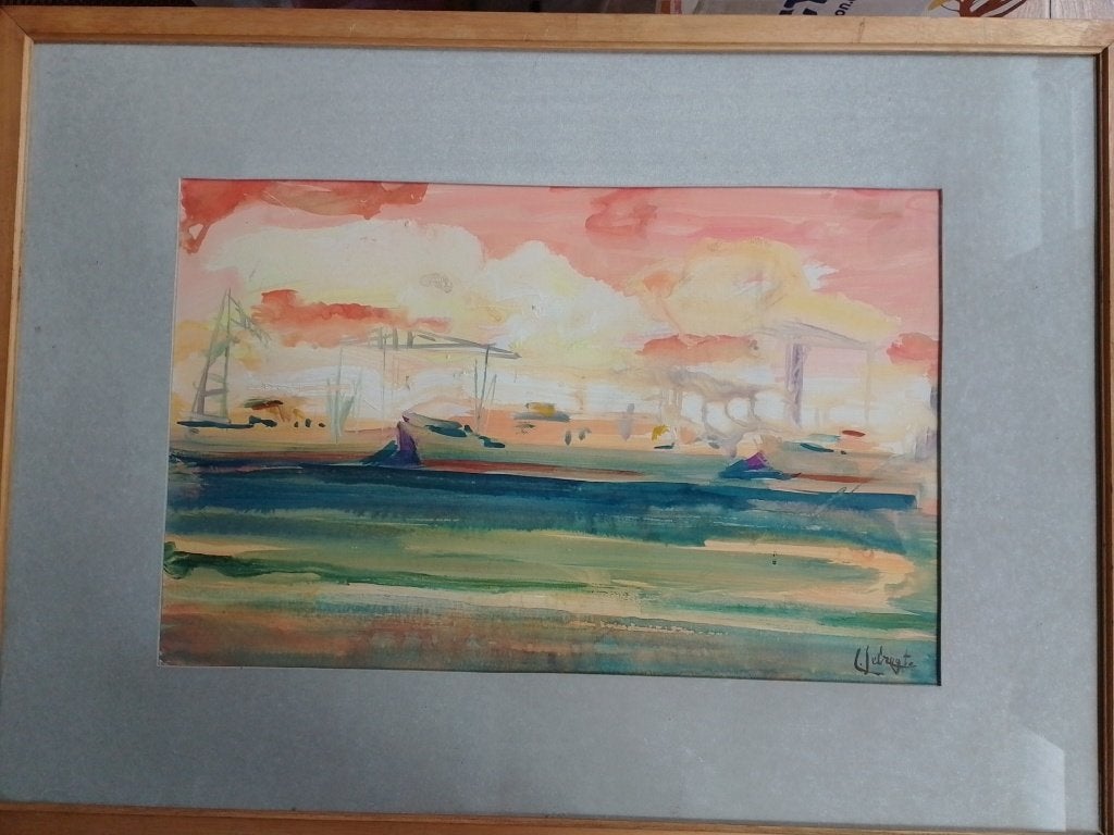 Lode Sebregts  1906 - 2002  Haven Antwerpen Zonsondergang, Antiek en Kunst, Verzenden, Gesigneerd, Gouache