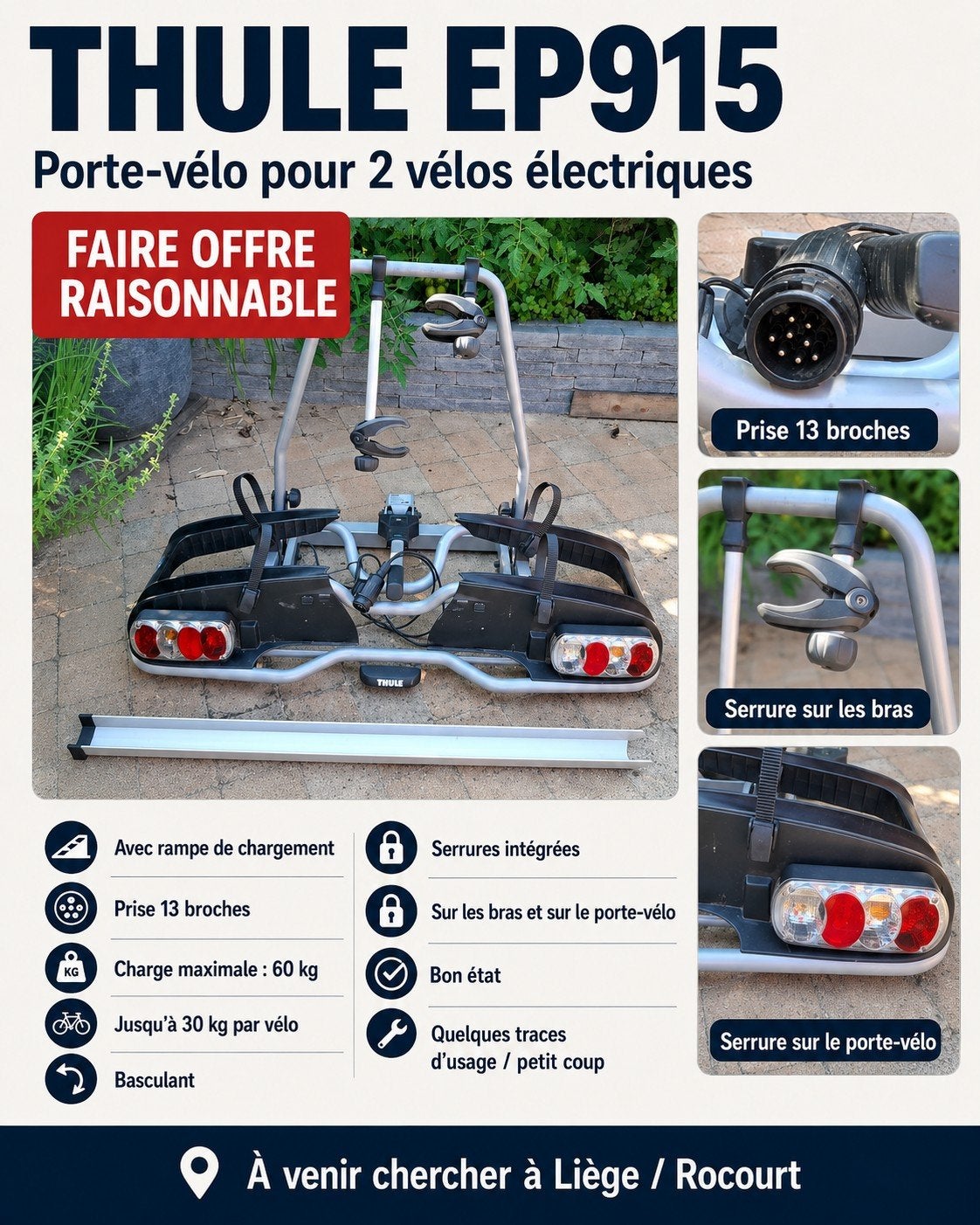 Porte-vélo Thule EP915 / EuroPower pour 2 vélos électriques, Autos : Divers
