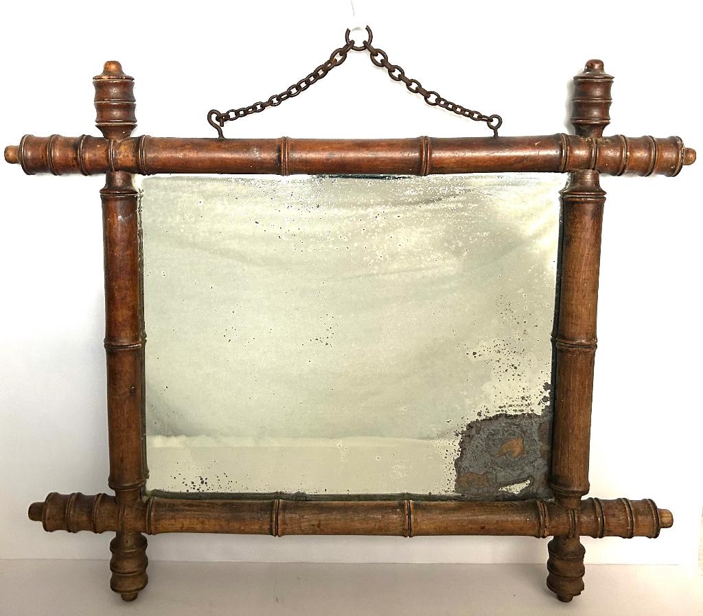 Antieke Houten Faux Bamboe Bambou Spiegel 50x42cm, Antiek en Kunst, Ophalen of Verzenden