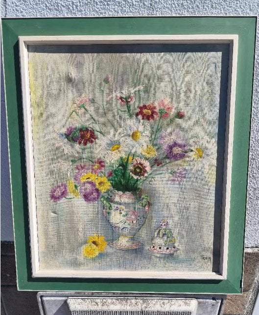Huile sur toile fleurs signe c tron, Antiquités & Art, Art | Peinture | Classique, Enlèvement ou Envoi, Fleurs, Toile
