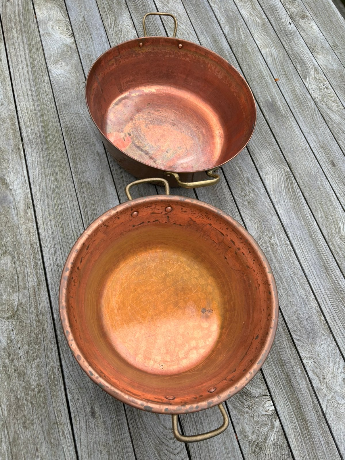 Te koop twee koperen Franse confituurpannen, Ophalen