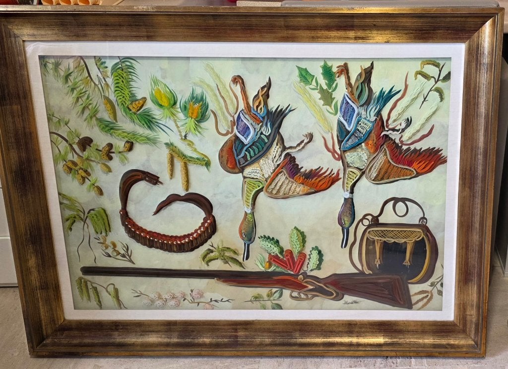 Grote kader Jacht scène met meerlaags glaskunst, 110 x 84 cm, Antiek en Kunst, Ophalen, Overige stijlen, Origineel werk