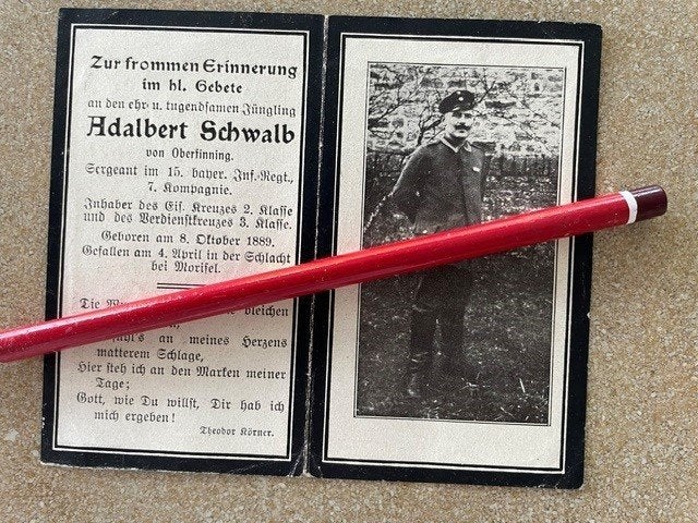 14-18Sergeant 15 Beierse Inf.7 Comp SCHWALB Gesneuveld1918, Verzamelen, Ophalen of Verzenden, Bidprentje
