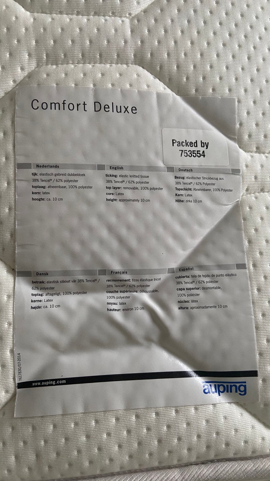 Topper topdekmatras Auping 180x200cm comfort deluxe, Huis en Inrichting, Slaapkamer | Matrassen en Bedbodems, Ophalen, Gebruikt