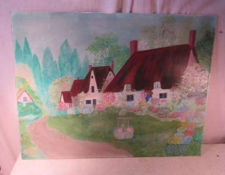 Mooi geschilderd Werk 'Huizen en Bloemen' - gesigneerd, Paneel, Ophalen of Verzenden, Landschap, Olieverf