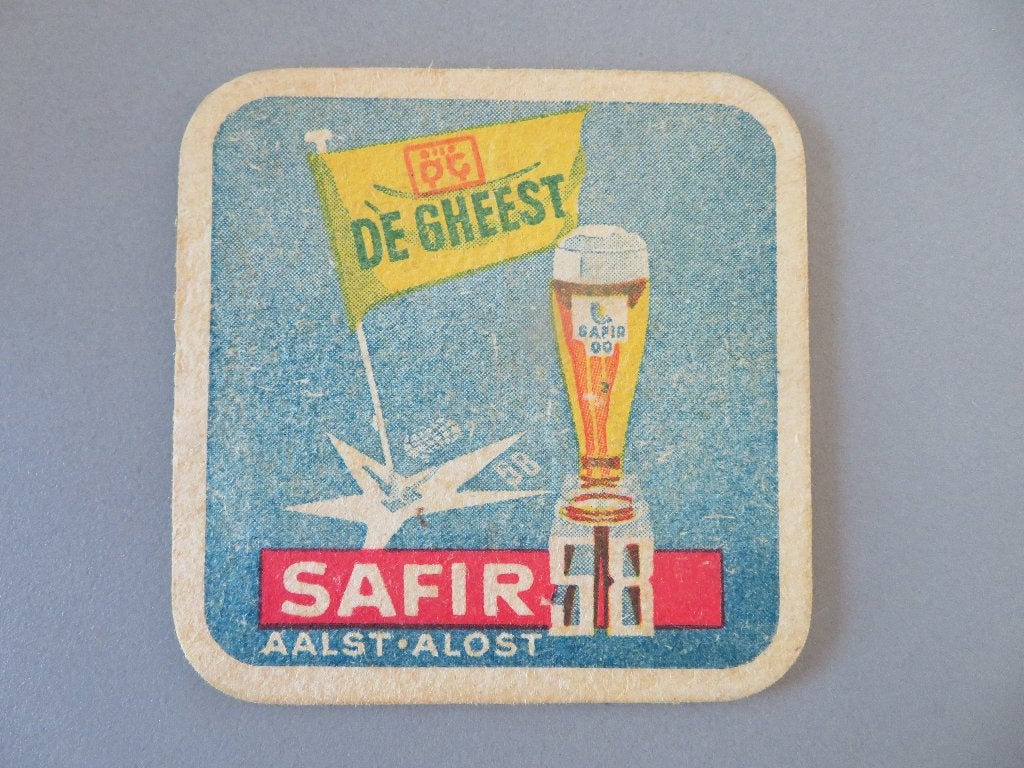 oud bierviltje Expo 58 De Gheest Safir Aalst dubbelzijdig, Ophalen of Verzenden, Zo goed als nieuw, Viltje(s), Overige merken