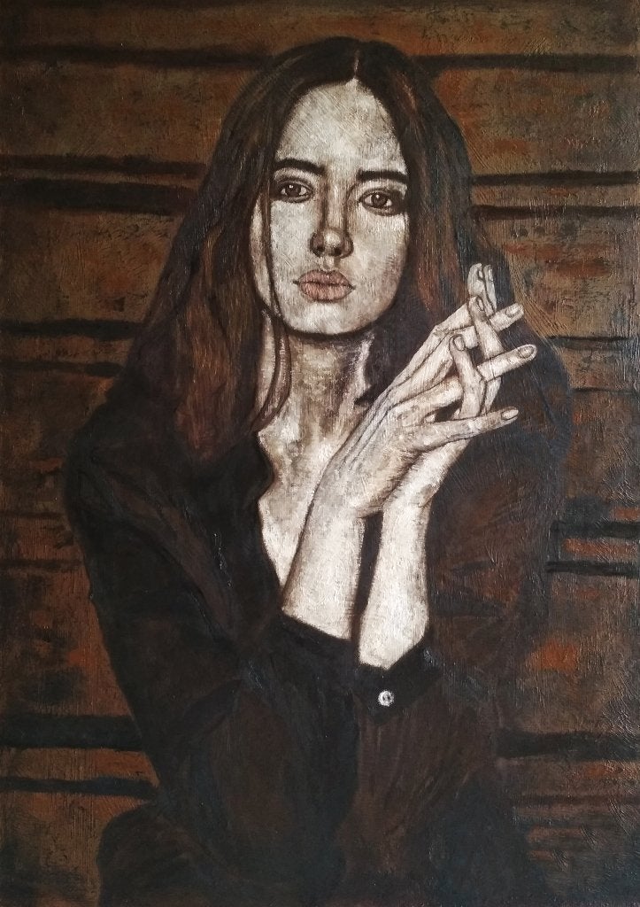 Peinture « Portrait d'une jeune fille », Textile, Peinture à l'huile, Portrait, Sur cadre en bois