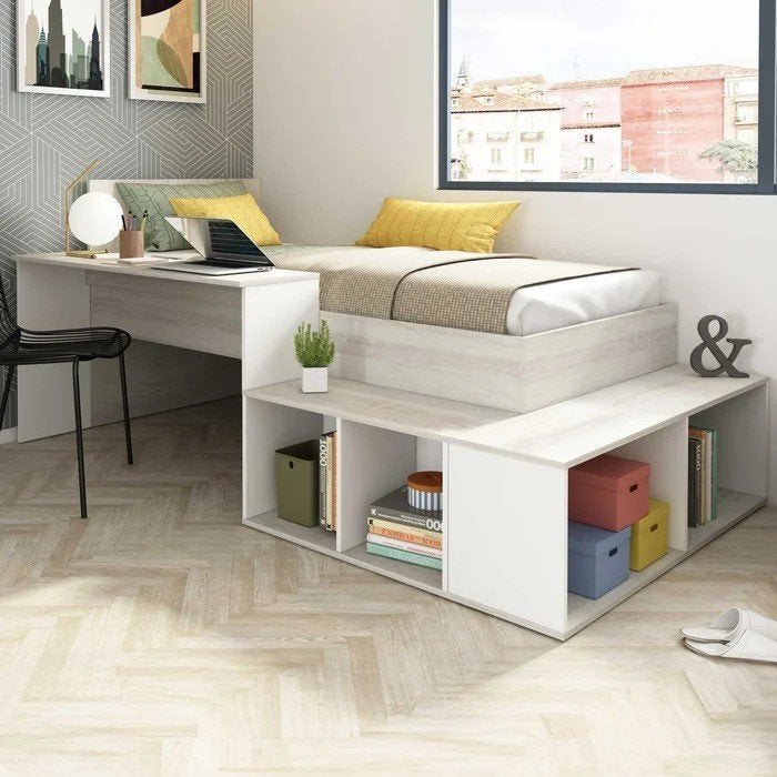 Lit Quinn 90x200 cm avec bureau et rangement - pin/blanc, Maison & Meubles, Chambre à coucher | Lits, Comme neuf, Une personne