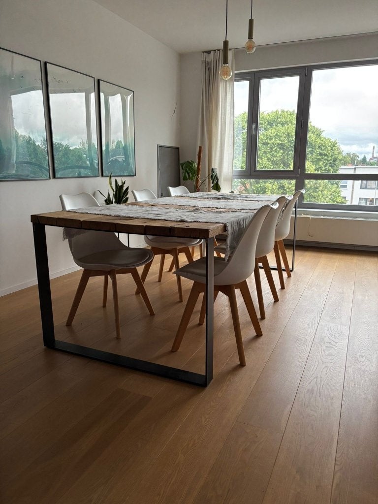 Eiken eettafel met stalen poten, Ophalen, Gebruikt, 200 cm of meer, 50 tot 100 cm