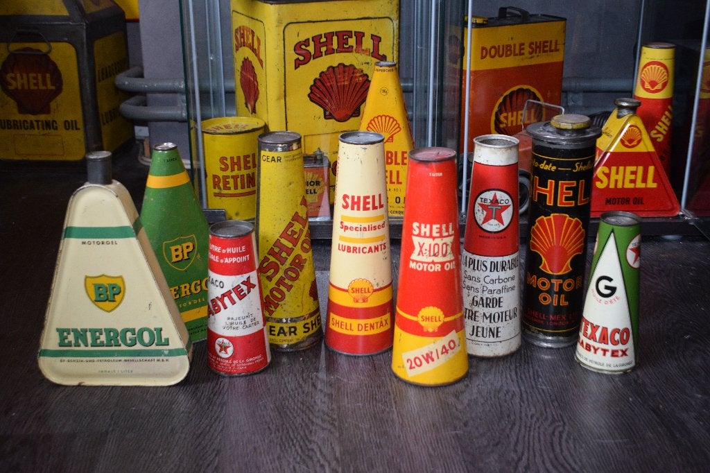 échange bidon huile shell conique 1950, Collections, Enlèvement, Utilisé, Panneau publicitaire