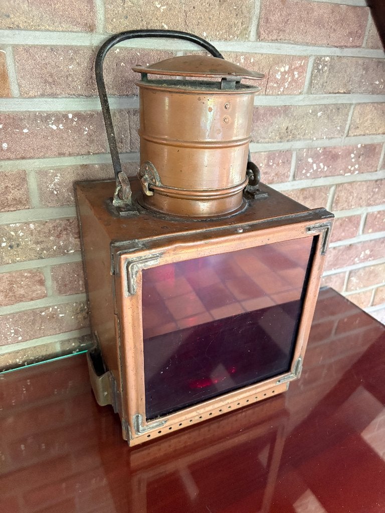 Antieke koperen spoorweglamp / seinlamp met rood glas, Enlèvement, Cuivre