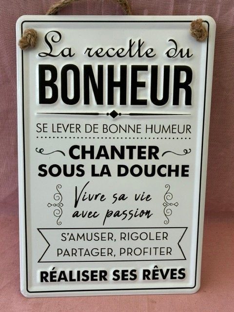 Metalen plakkaat La Recette du bonheur., Ophalen of Verzenden