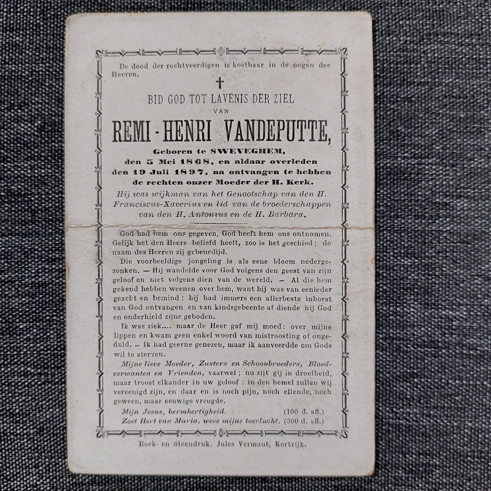 Bidprentje Zwevegem 1868-1897, Verzamelen, Ophalen of Verzenden, Bidprentje
