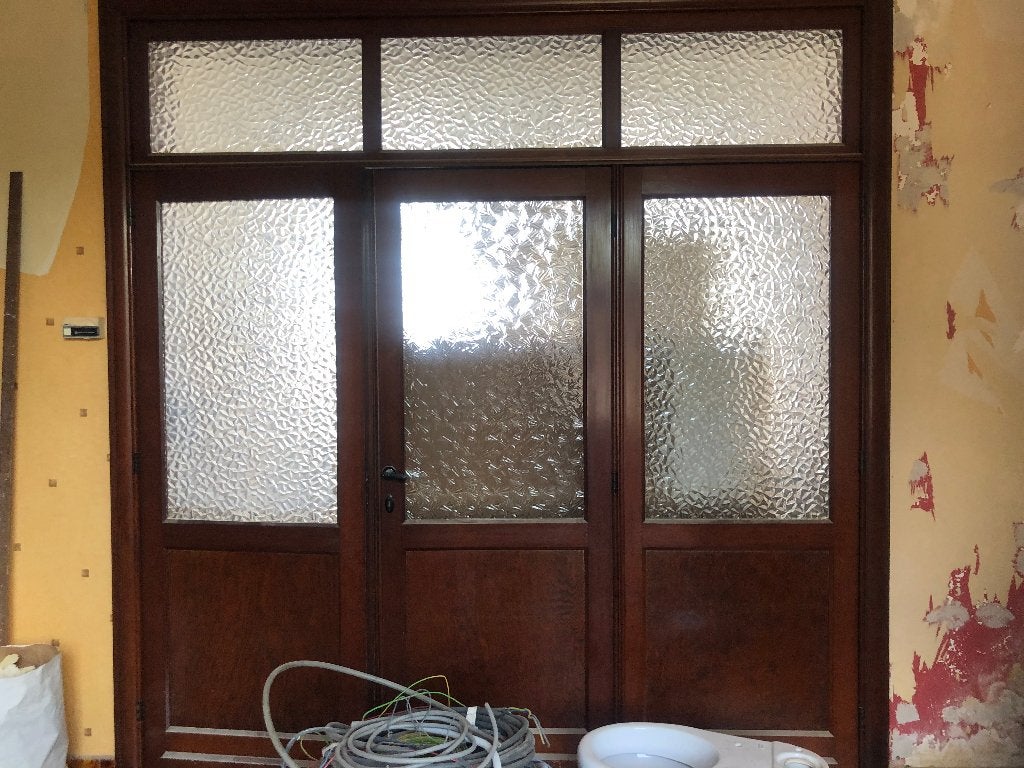 driedubbele deur interbellum (Pitch Pine & Kathedraalglas), Porte intérieure, Enlèvement, Utilisé, Verre