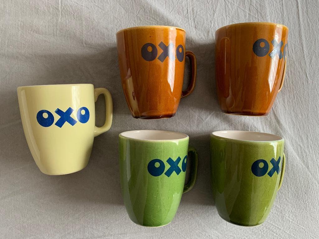 5 OXO tassen geel, groen, bruin, Antiek en Kunst, Ophalen