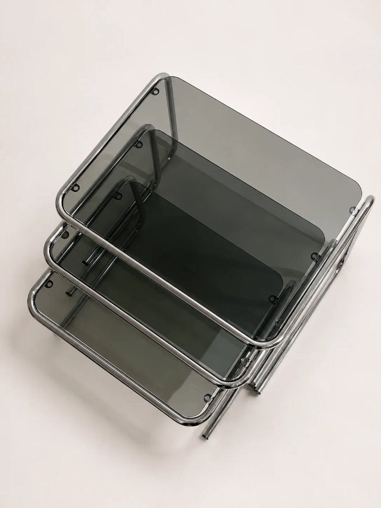 Vintage bijzettafels chrome rookglas nesting mimi, Enlèvement, Space age jaren 70 vintage