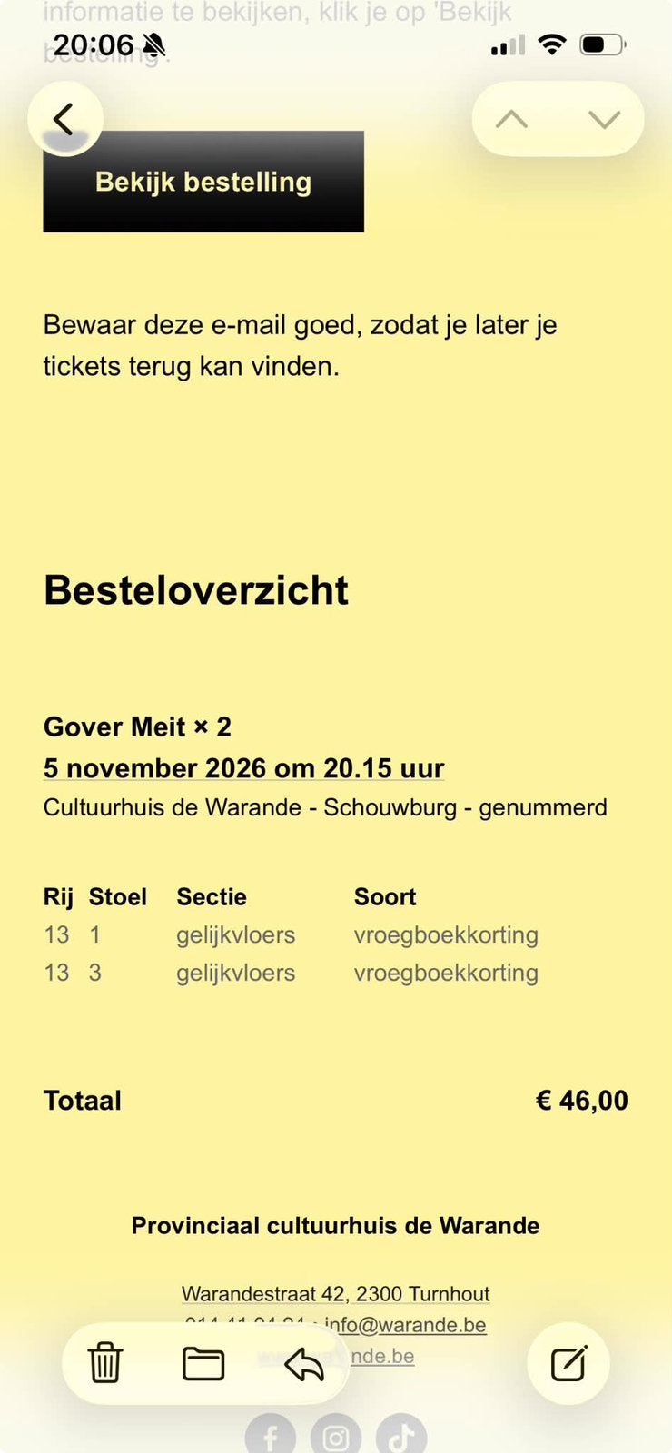 2 tickets Gover Meit, De warande Turnhout 5 november, Deux personnes, Novembre